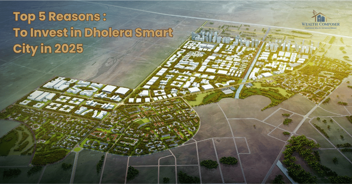 Aerial view of Dholera Smart City layout with modern infrastructure and planned sectors, promoting real estate investment in 2025.