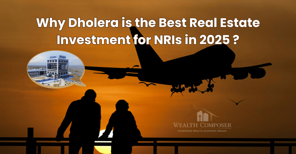 Silhouette of NRIs watching a departing airplane with Dholera Smart City building inset, symbolizing overseas real estate investment in India.