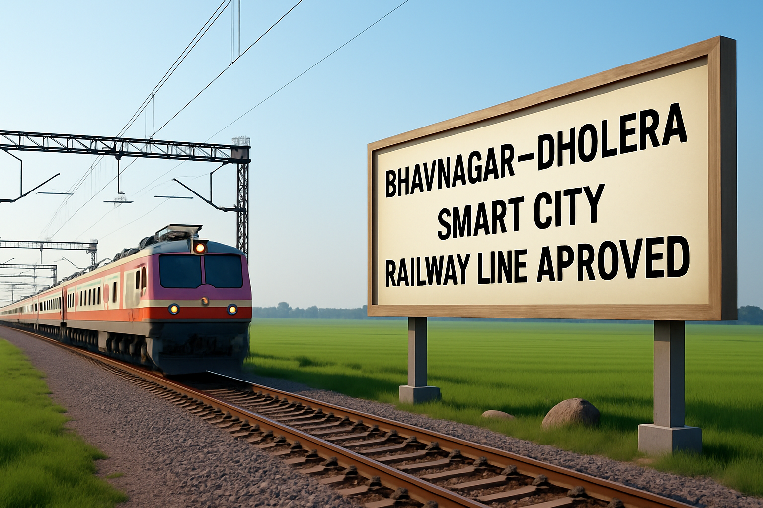 Indian railway track with a modern train and a hoarding board announcing Bhavnagar–Dholera Smart City Railway Line Approved