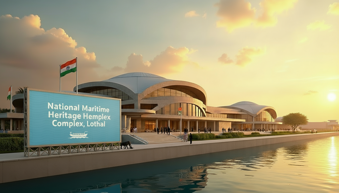 National Maritime Heritage Complex at Lothal, India – ultra-realistic 3D artwork showing grand maritime museum architecture, ship sculptures, waterfront, and landscaped gardens under a golden sunset.